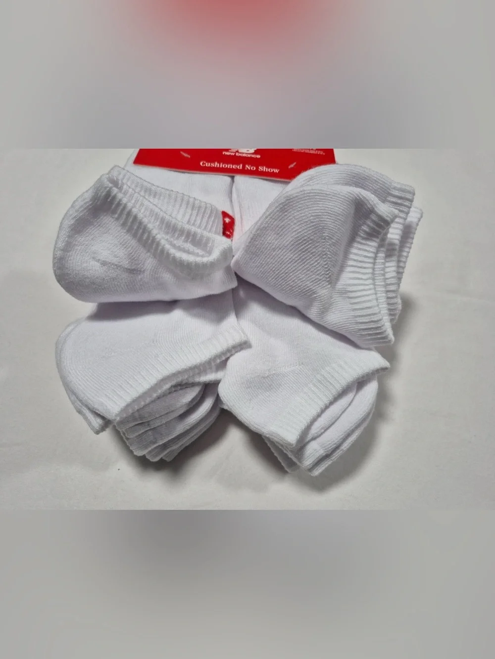 New Balance Men's Cushioned No-Show Socks - White with Red Logo